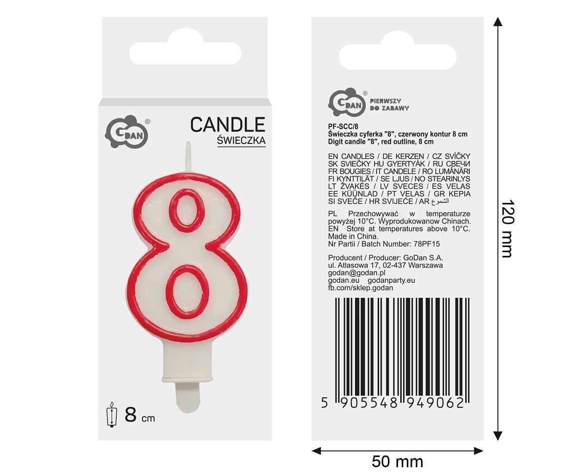 Świeczka cyferka "8", czerwony kontur 8 cm